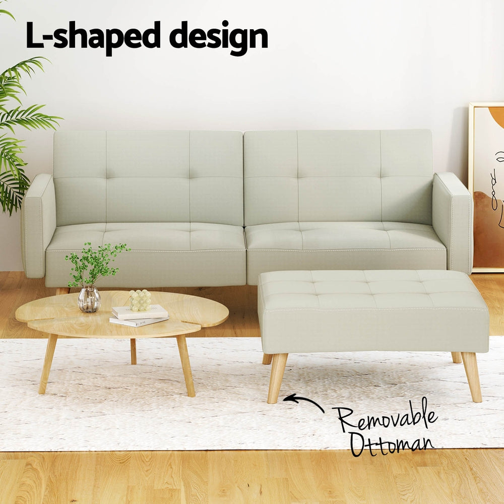Sofa Bed Lounge Convertible Ottoman Couch Recliner 3 Seater Fabric Beige