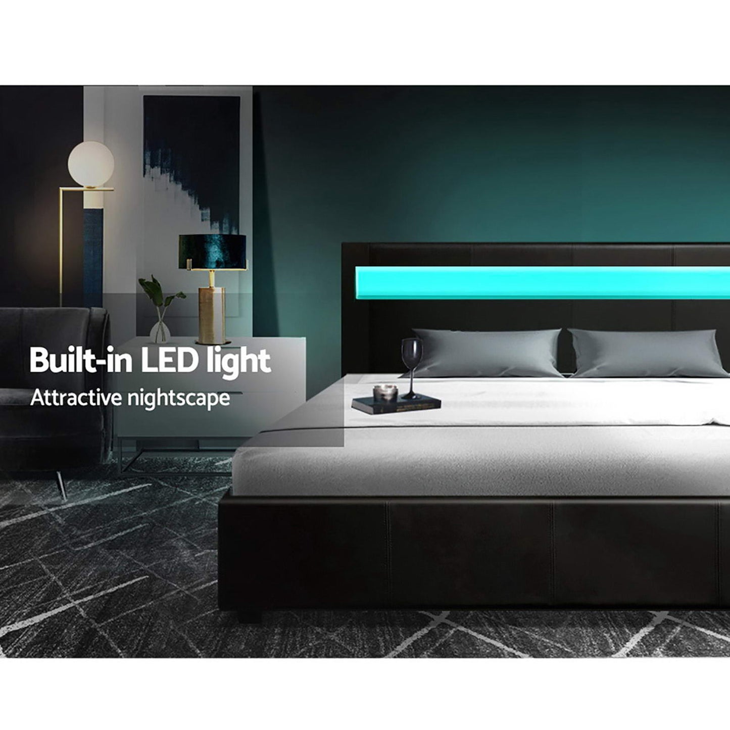 Bed Frame Queen Size LED Gas Lift