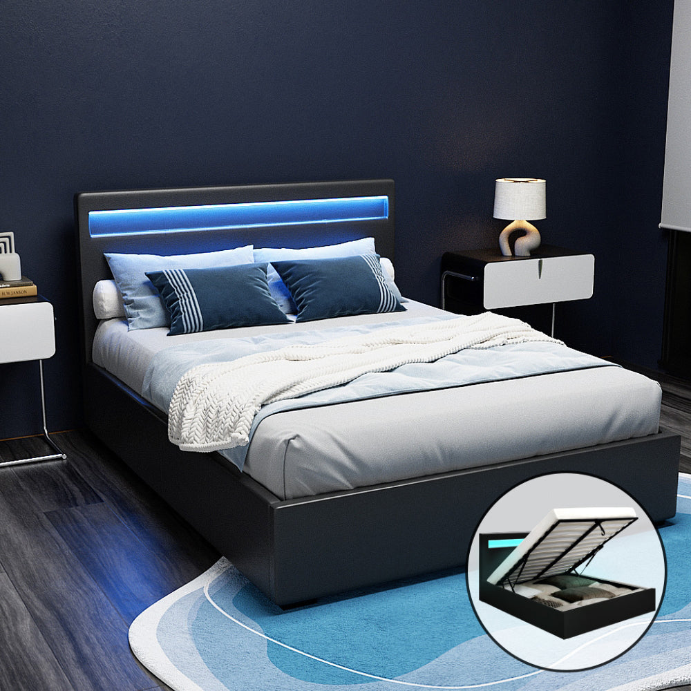 Bed Frame Queen Size LED Gas Lift