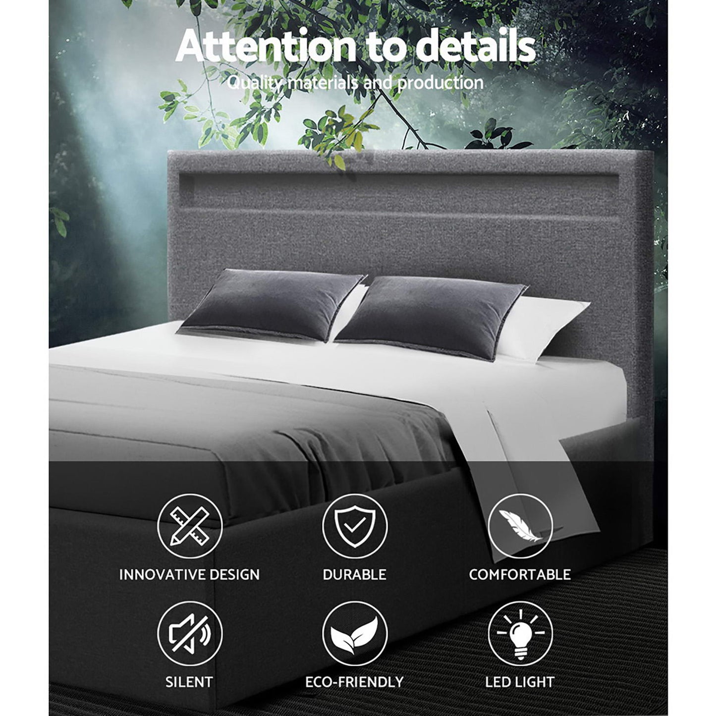 Bed Frame Queen Size LED Gas Lift