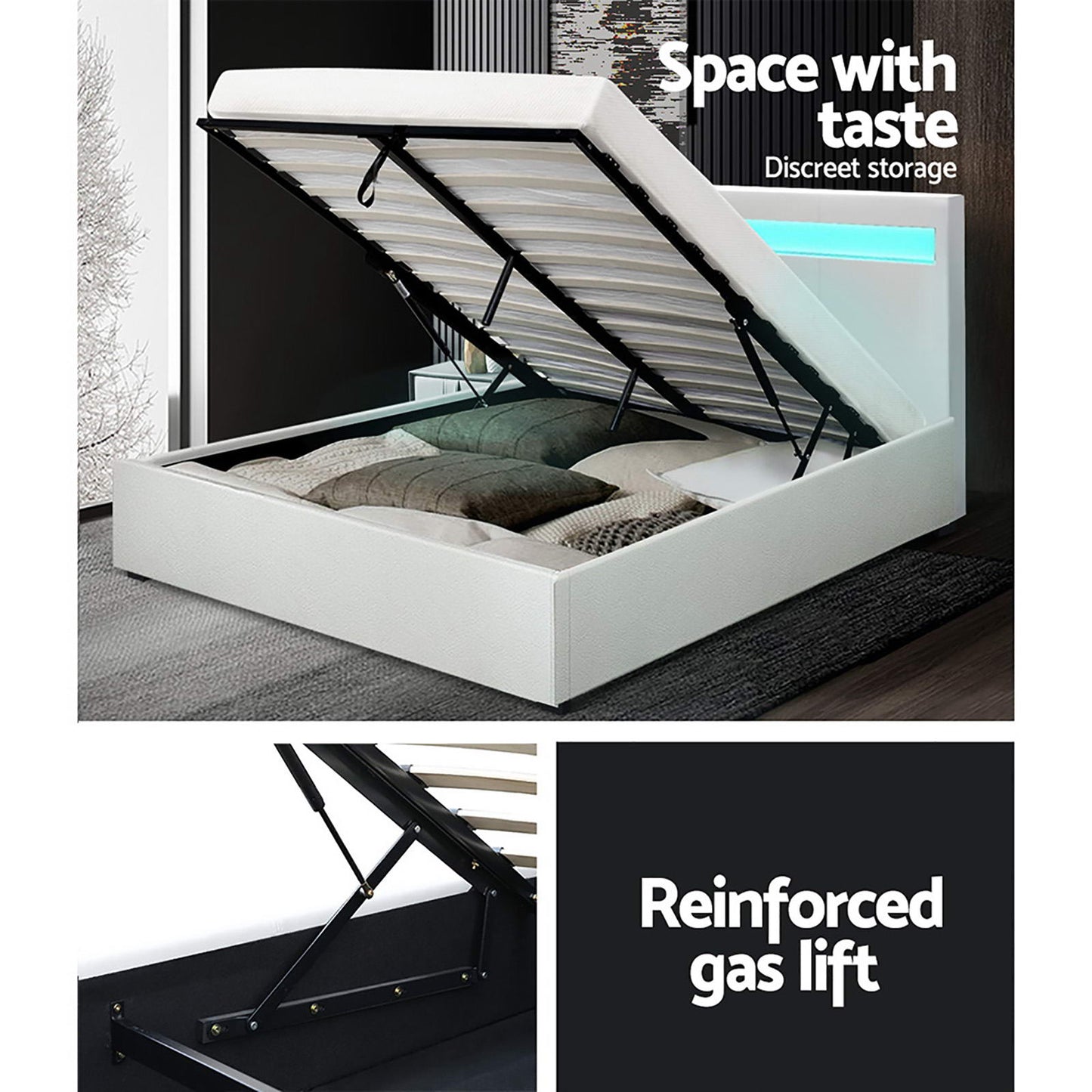 Bed Frame Queen Size LED Gas Lift