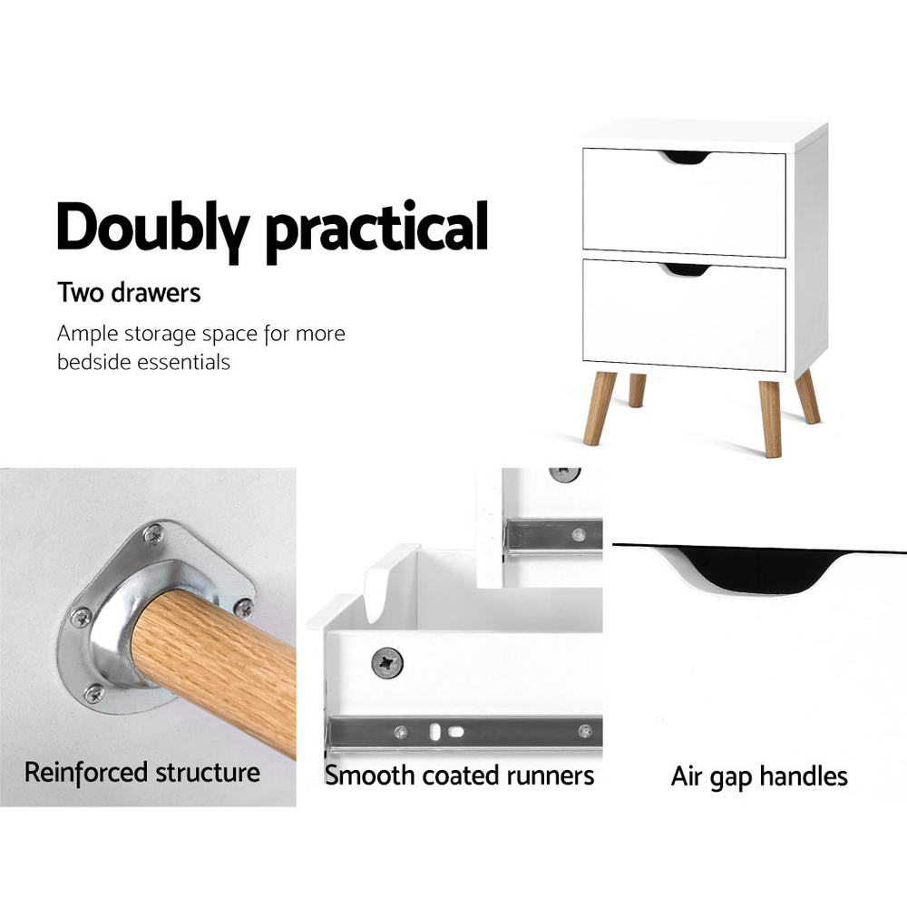 Bedside Table 2 Drawers White