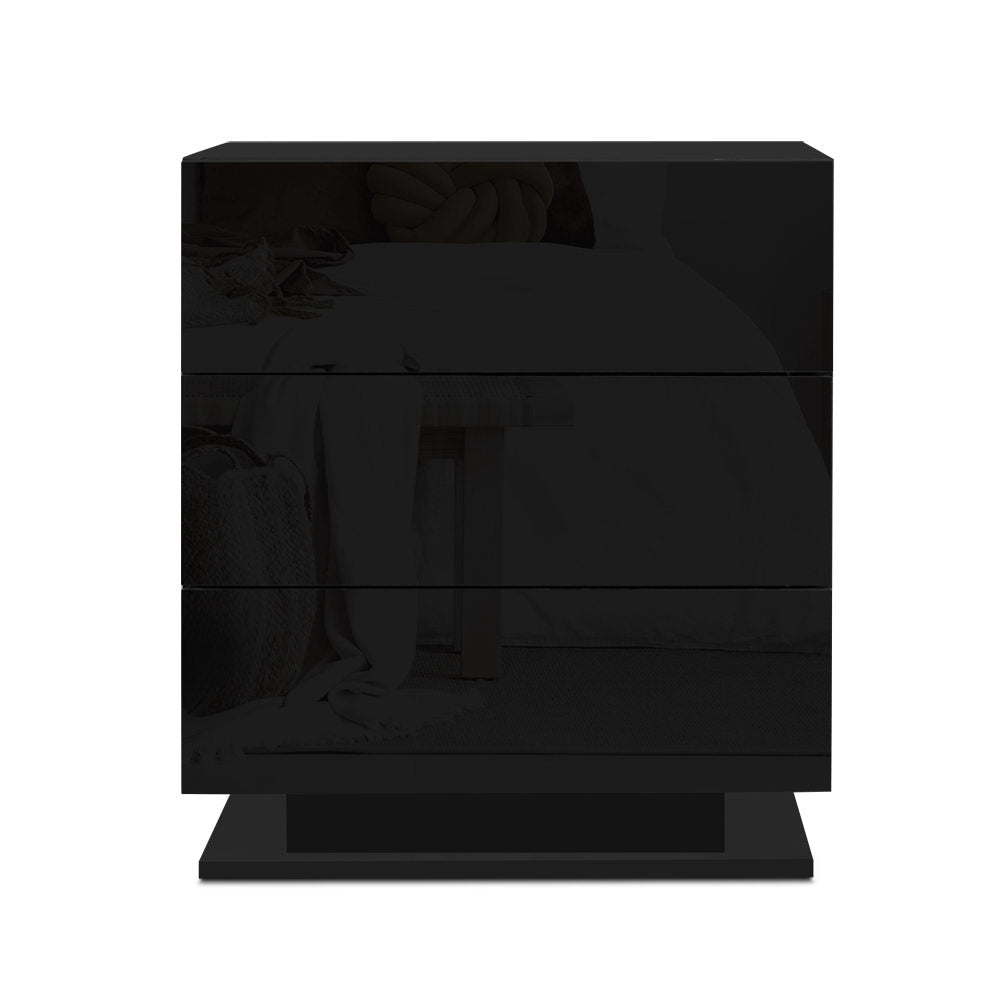 Bedside Table LED 3 Drawers - Black