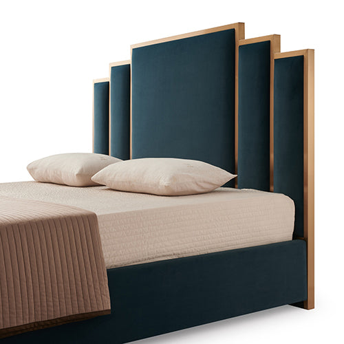 Austin Bed Frame King Size Polyester Turquoise Fabric Padded Upholstery High Quality Slats Polished Stainless Steel Feet