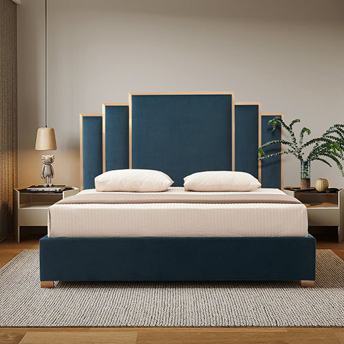Austin Bed Frame Queen Size Polyester Turquoise Fabric Padded Upholstery High Quality Slats Polished Stainless Steel Feet