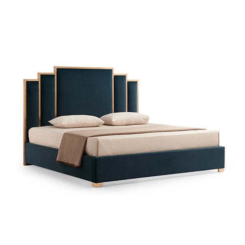 Austin Bed Frame Queen Size Polyester Turquoise Fabric Padded Upholstery High Quality Slats Polished Stainless Steel Feet