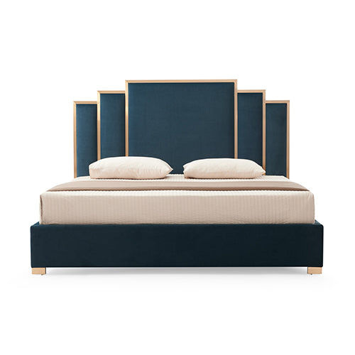 Austin Bed Frame Queen Size Polyester Turquoise Fabric Padded Upholstery High Quality Slats Polished Stainless Steel Feet