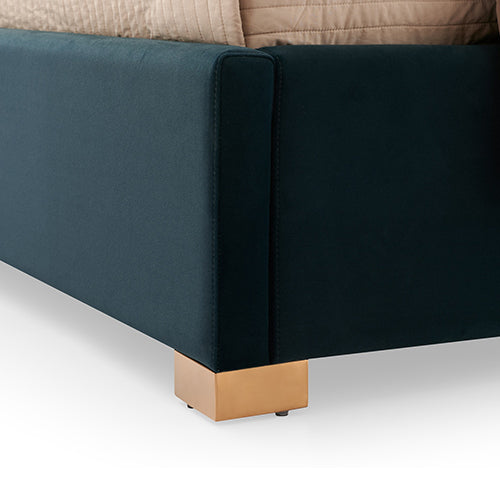Austin Bed Frame Queen Size Polyester Turquoise Fabric Padded Upholstery High Quality Slats Polished Stainless Steel Feet