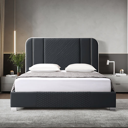 Halcyon Bed Frame Queen Size Air Leather Padded Upholstery High Quality Slats Polished Stainless Steel Feet