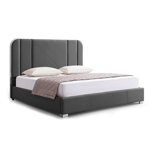 Halcyon Bed Frame Queen Size Air Leather Padded Upholstery High Quality Slats Polished Stainless Steel Feet