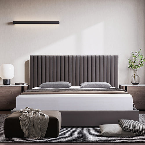 Hillsdale Bed Frame Queen Size Polyester Fabric Padded Upholstery High Quality Slats Polished Stainless Steel Feet