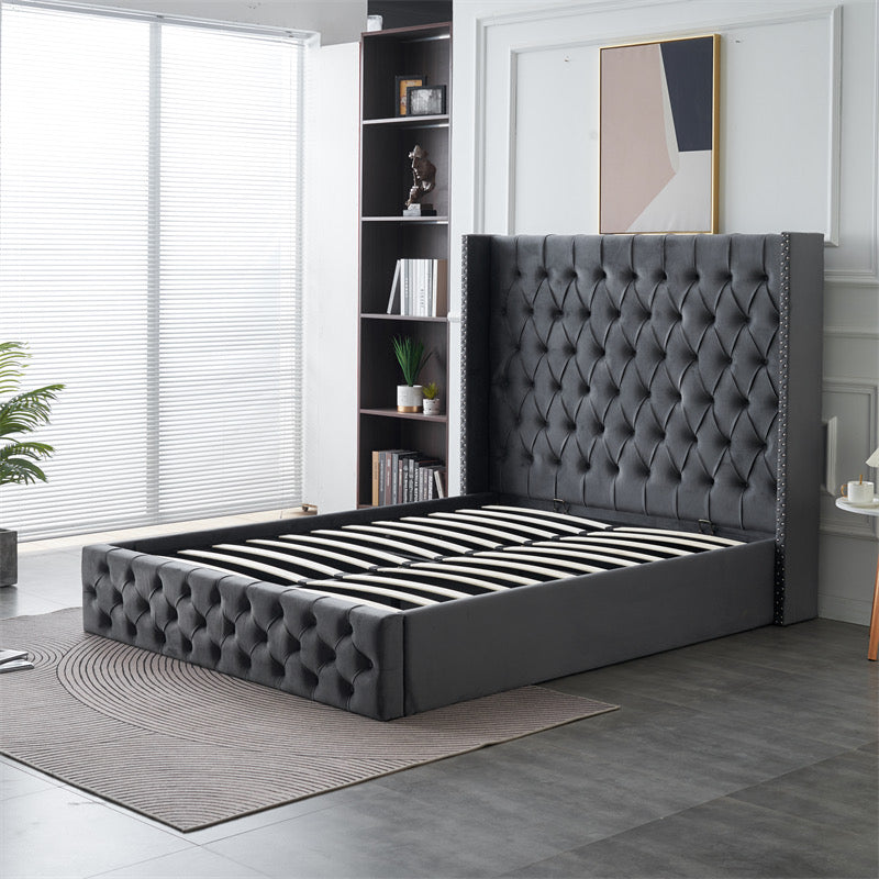 Kmna Velvet Bed Frame Gas-Lift Storage