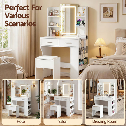 Dressing Table LED Vanity Desk Set Stool White