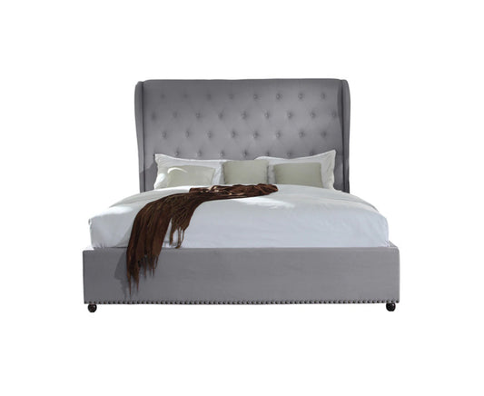 Bed Frame Queen Size in Grey Fabric Upholstered French Provincial High Bedhead