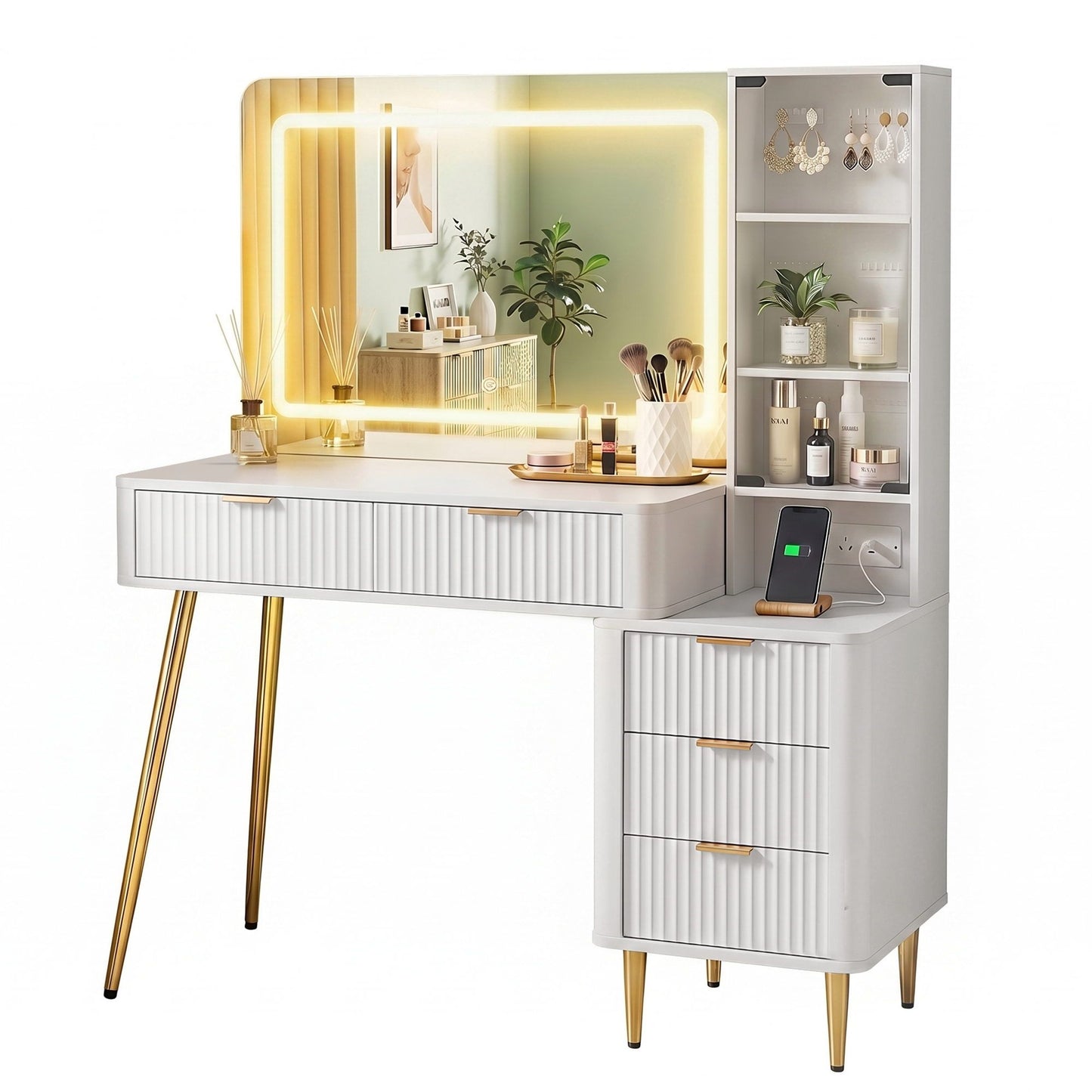 Dressing Table LED Vanity Desk Charging Station White