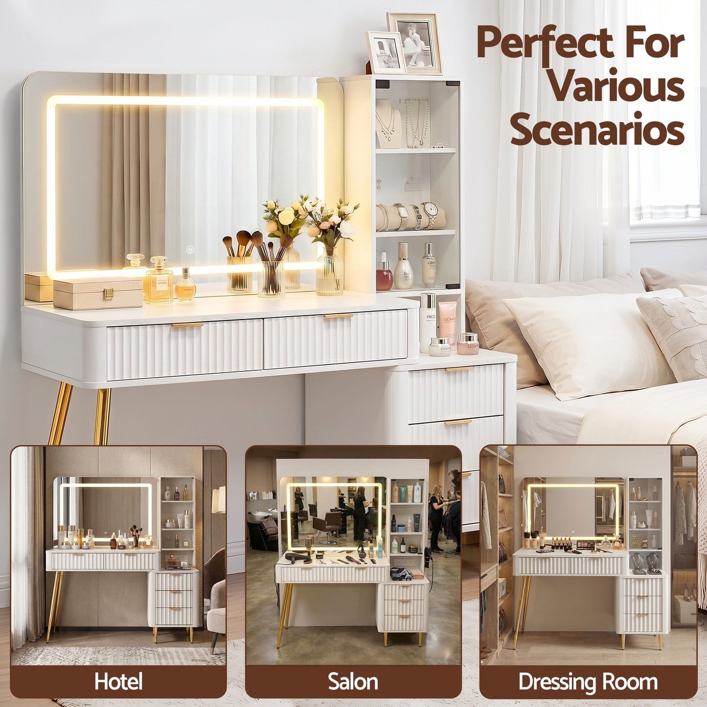 Dressing Table LED Vanity Desk Charging Station White