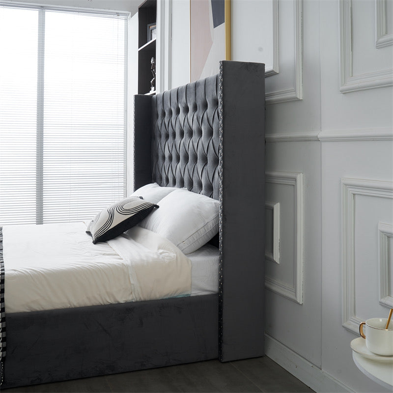 Kmna Velvet Bed Frame Gas-Lift Storage and 34cm Latex Zone Mattress