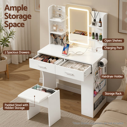 Dressing Table LED Vanity Desk Set Stool White