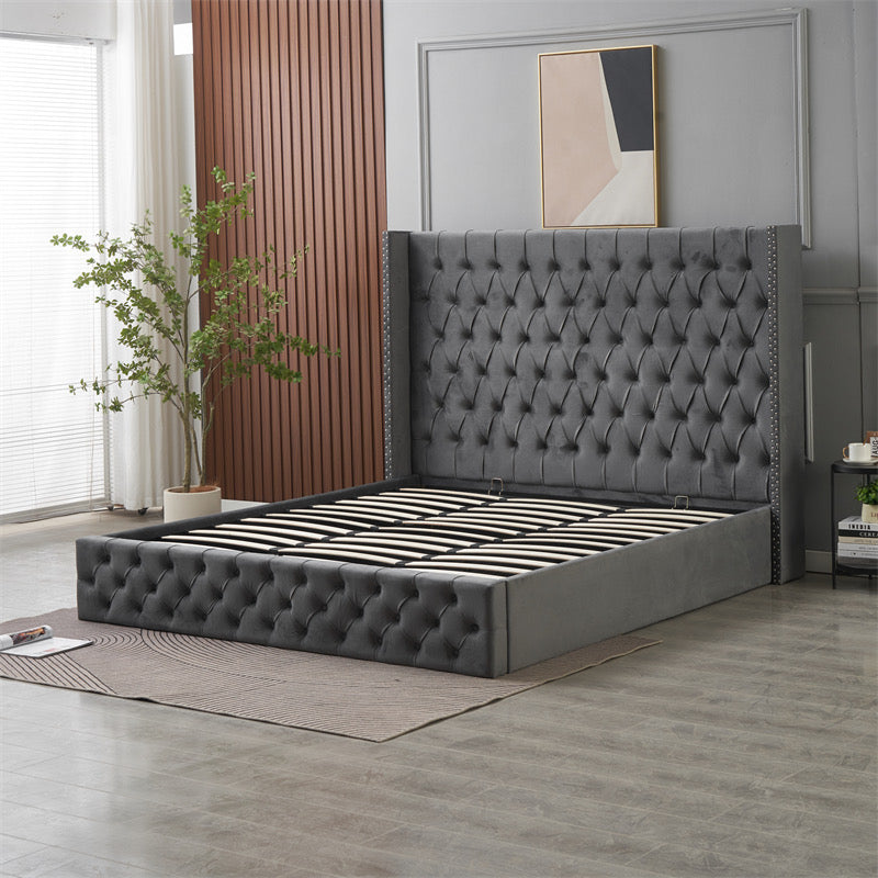 Kmna Velvet Bed Frame Gas-Lift Storage and 34cm Latex Zone Mattress