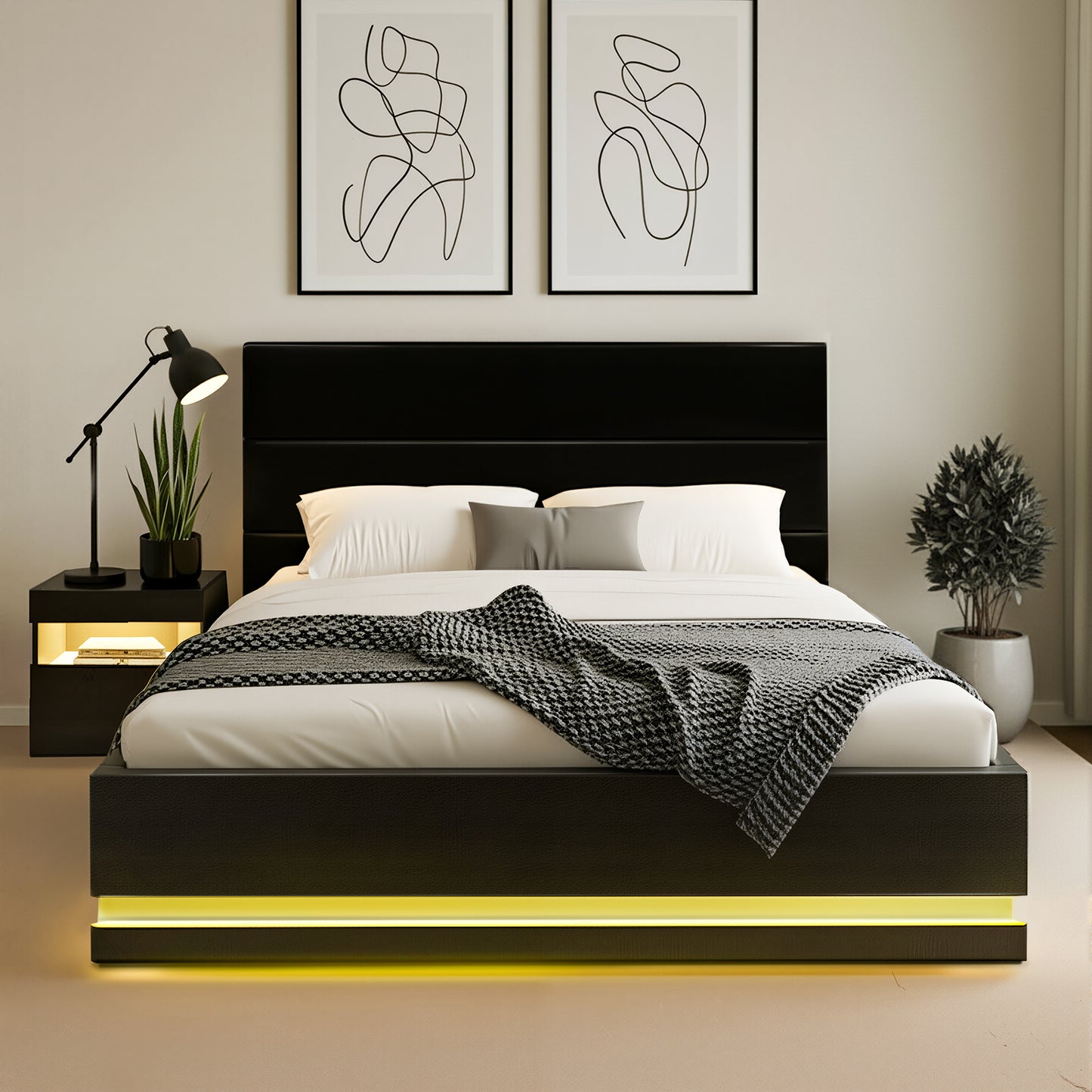 RGB LED Double Bed Frame with Beside Table Set 16 Colour Mood Lighting