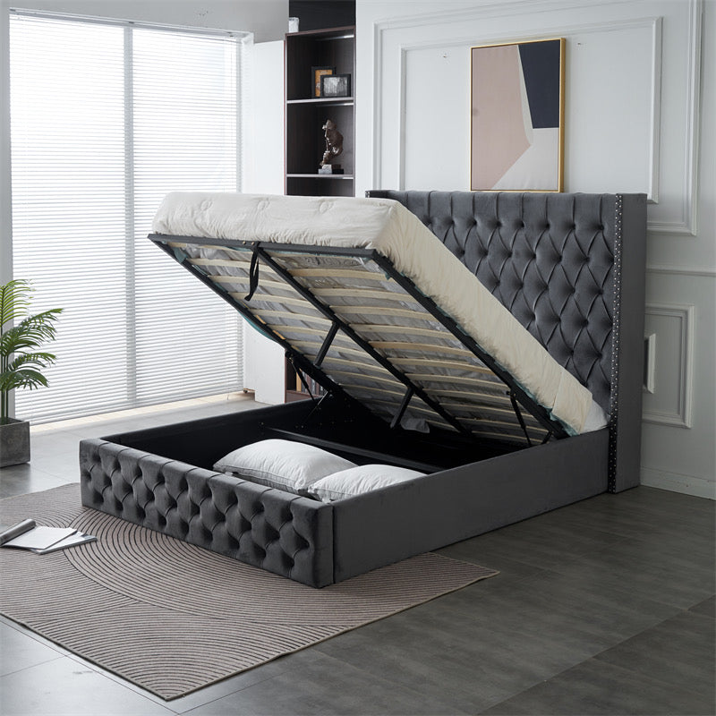 Kmna Velvet Bed Frame Gas-Lift Storage