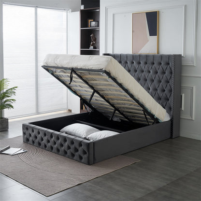 Kmna Velvet Bed Frame Gas-Lift Storage