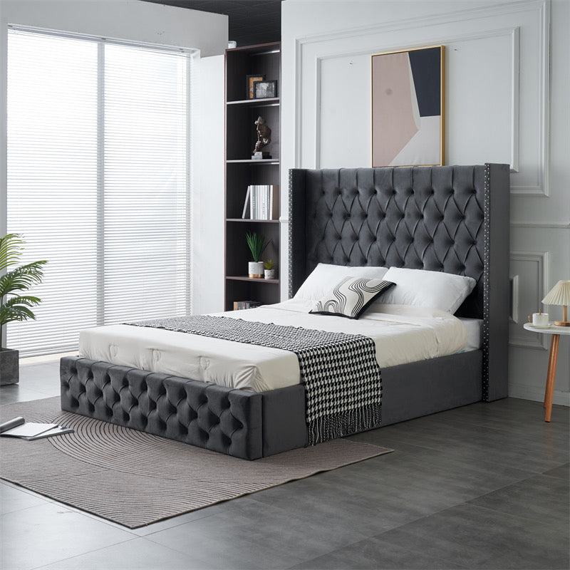 Kmna Velvet Bed Frame Gas-Lift Storage and 34cm Latex Zone Mattress