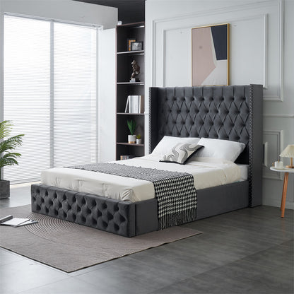 Kmna Velvet Bed Frame Gas-Lift Storage and 34cm Latex Zone Mattress