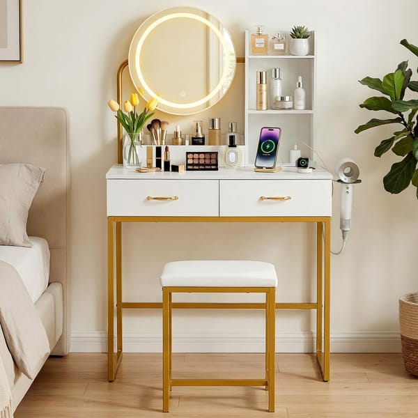 Dressing Table Vanity Desk Set Stool LED Charging Station White