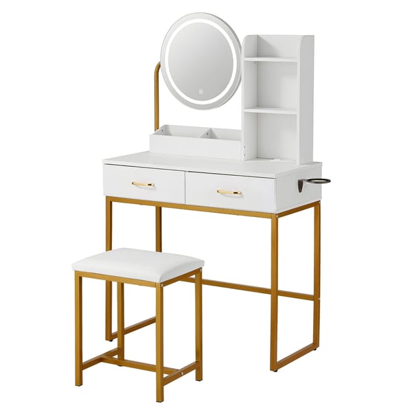 Dressing Table Vanity Desk Set Stool LED Charging Station White