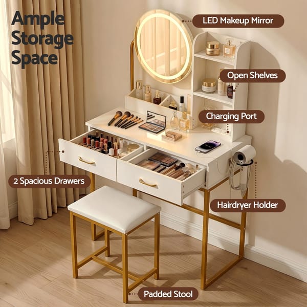 Dressing Table Vanity Desk Set Stool LED Charging Station White