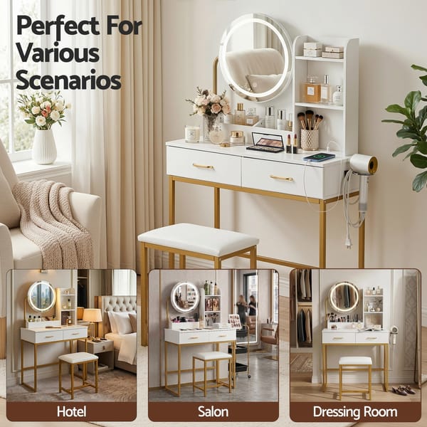 Dressing Table Vanity Desk Set Stool LED Charging Station White