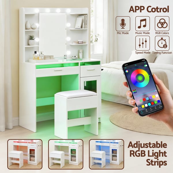 Dressing Table Vanity Desk Set 10 LED Bulbs RGB Light White