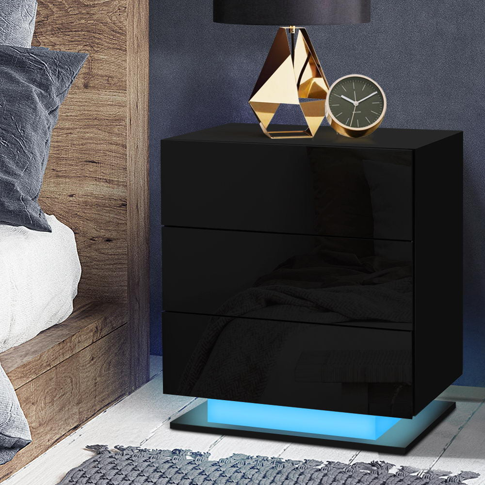 Bedside Table LED 3 Drawers -  Black