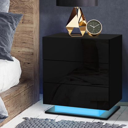 Bedside Table LED 3 Drawers -  Black