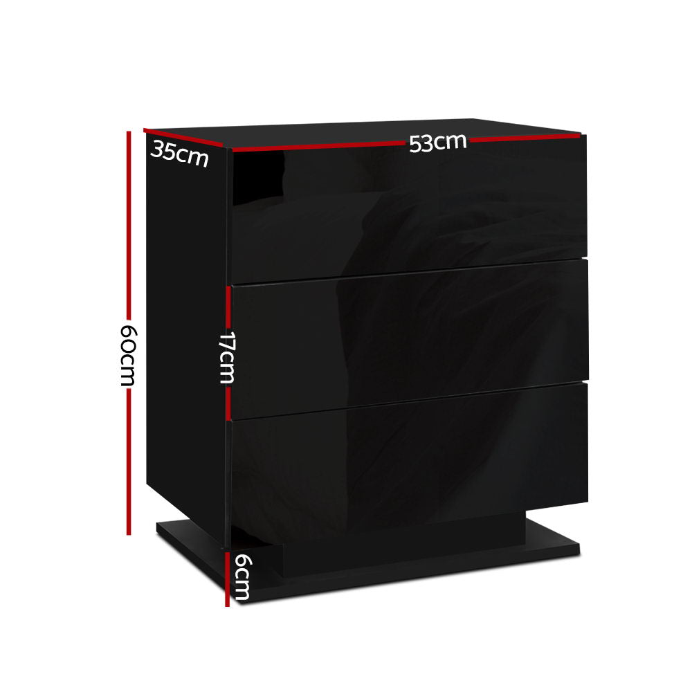 Bedside Table LED 3 Drawers -  Black
