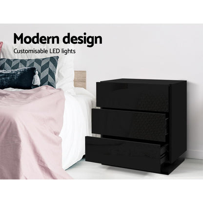 Bedside Table LED 3 Drawers -  Black