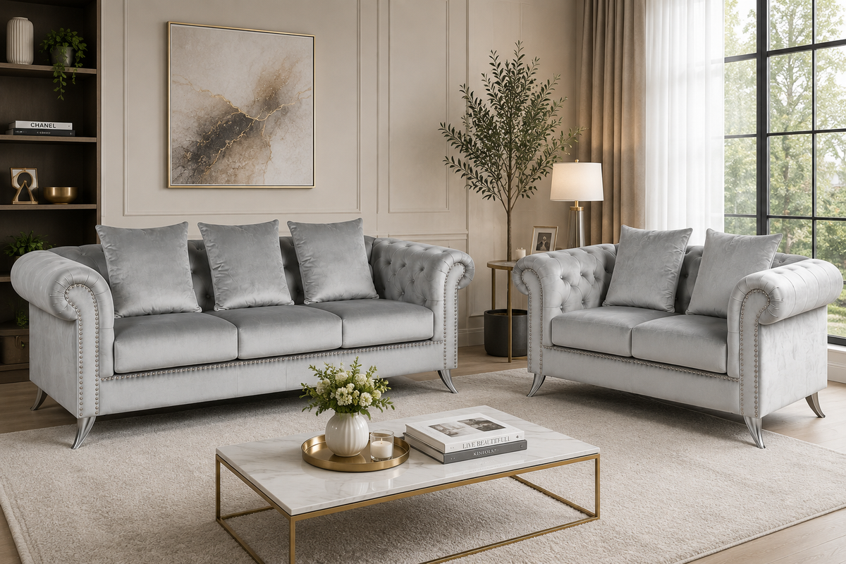 Mia 3+2 Seater Velvet Sofa Set – Silver Grey