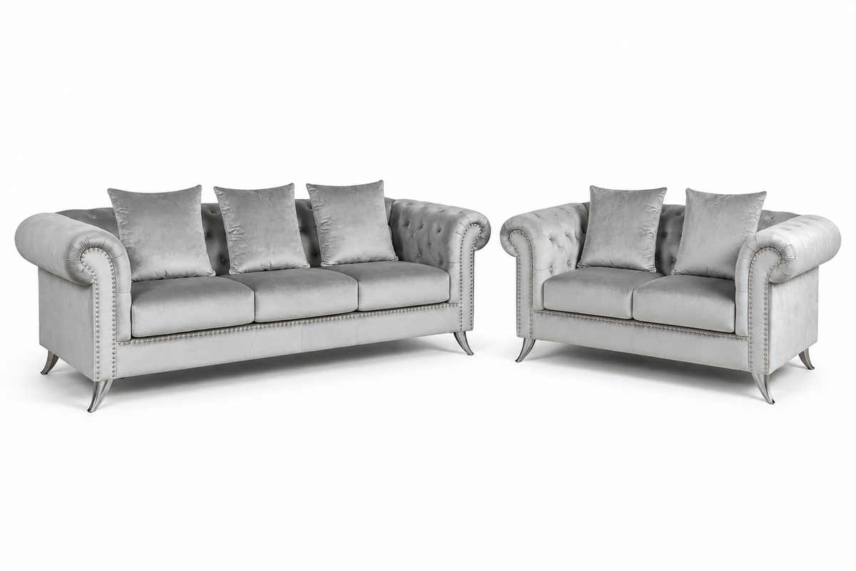 Mia 3+2 Seater Velvet Sofa Set – Silver Grey